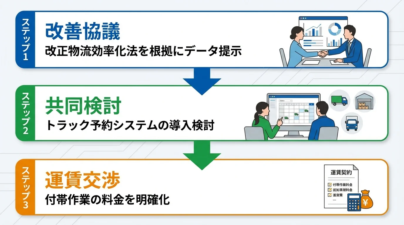 荷主と連携し荷待ち時間を削減する3ステップ(改善協議、共同検討、運賃交渉)を図解したインフォグラフィック。