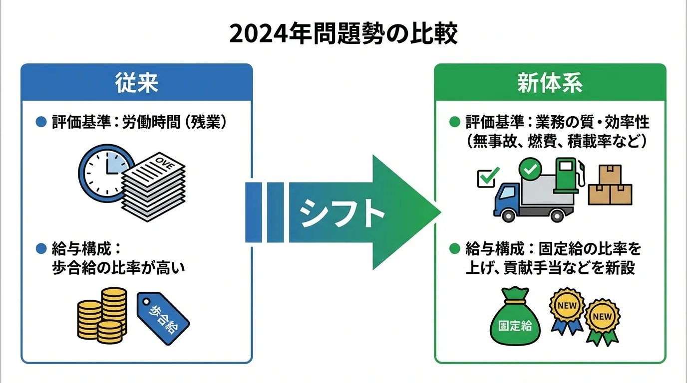 2024年問題対策として、従来の給与体系から時間外労働に依存しない新たな給与体系へシフトするポイントを比較したインフォグラフィック。