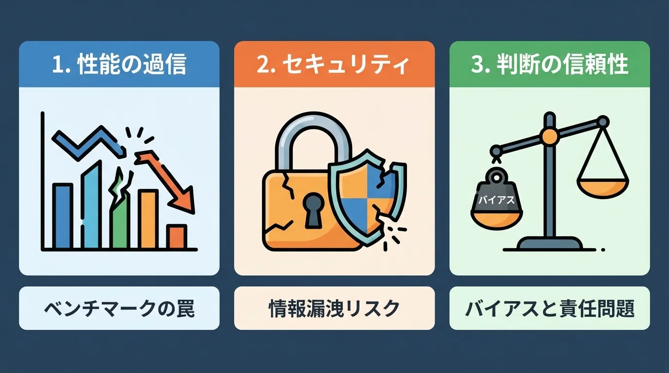 AIエージェントを選ぶ際の注意点である、性能評価の罠、セキュリティリスク、AIの判断の信頼性に関する3つのリスクを示した図解