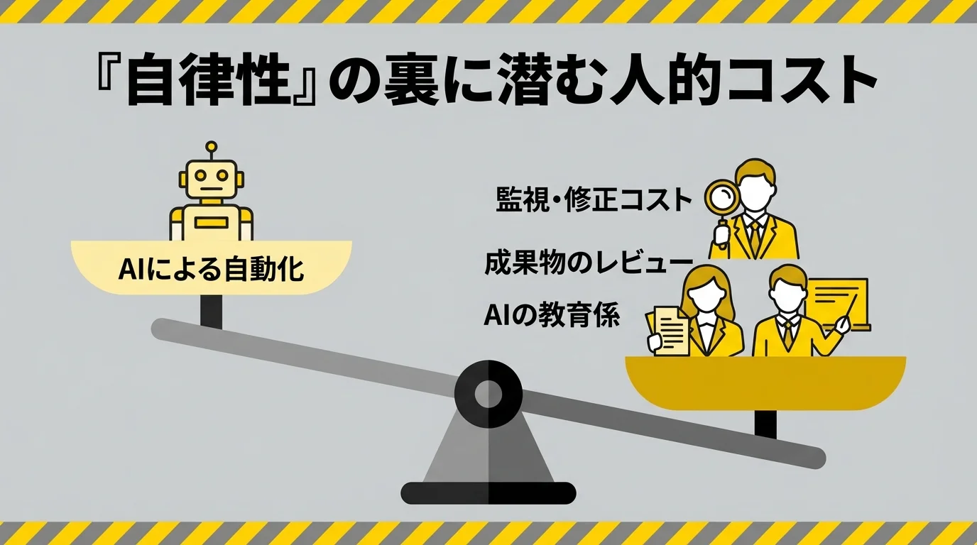 AIエージェントの自律性の裏に隠れた人的コストを図解したインフォグラフィック。AIによる自動化と、監視・修正という人的コストが天秤で表現されている。