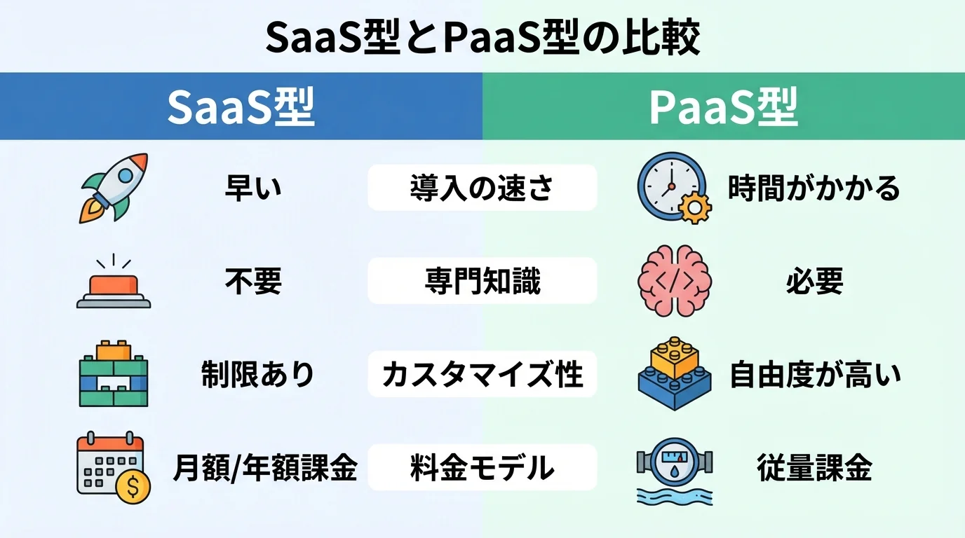 AI開発サービスの提供形態であるSaaS型とPaaS型の違いを、導入の速さ、専門知識、カスタマイズ性、料金モデルの観点から比較した表。