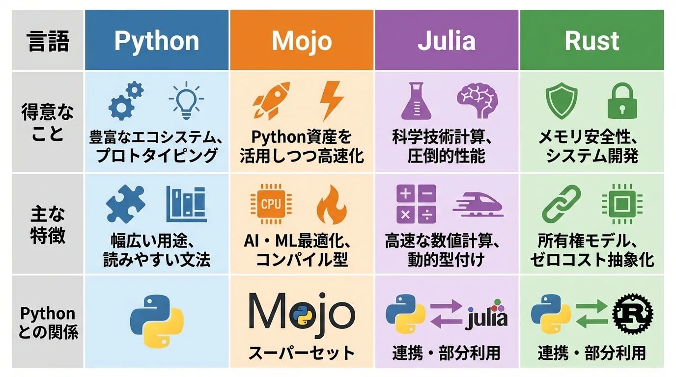 Python, Mojo, Julia, Rustの4つのAI開発言語を、得意なことや特徴、Pythonとの関係性で比較した表