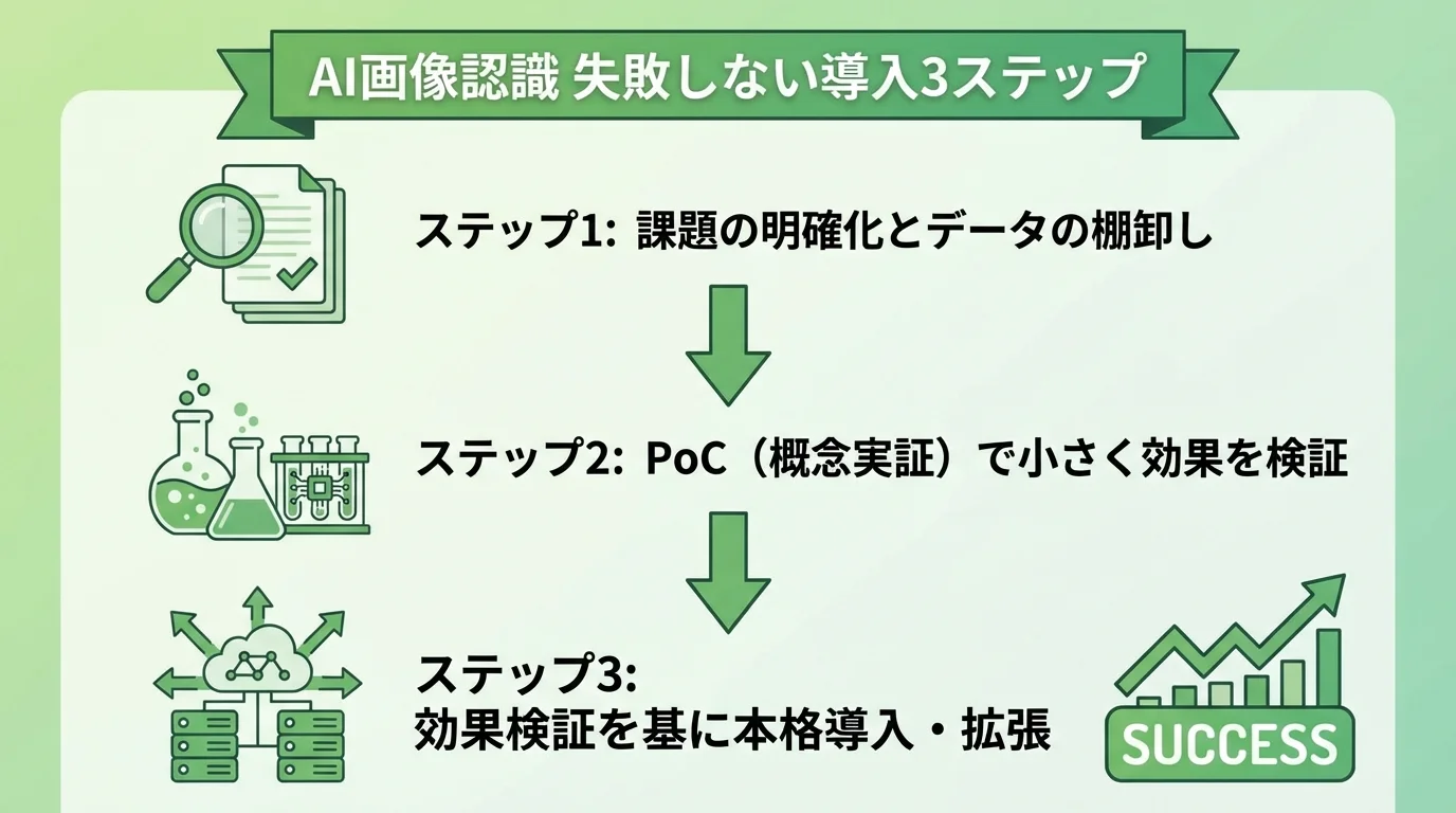 AI画像認識を失敗しないための課題明確化、PoC、本格導入という3つのステップを示した図解