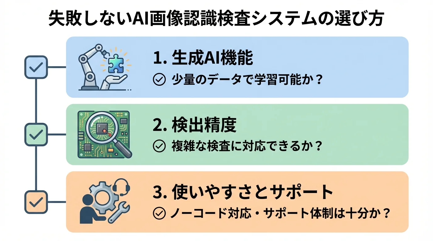AI画像認識検査システムの選び方と比較ポイント（生成AI機能、検出精度、使いやすさとサポート）をまとめたチェックリスト形式のインフォグラフィック。