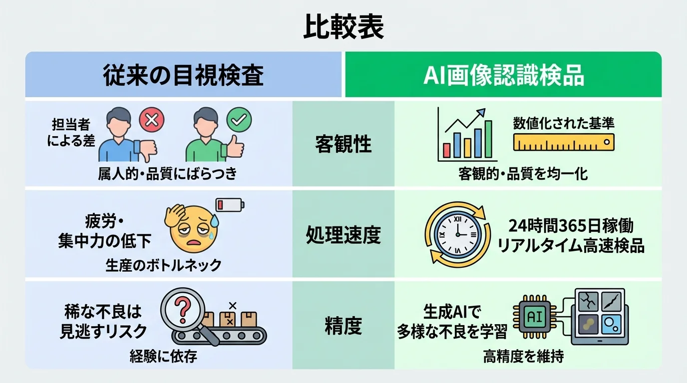 従来の目視検査とAI画像認識検品を「客観性」「処理速度」「精度」の3つのポイントで比較したインフォグラフィック。