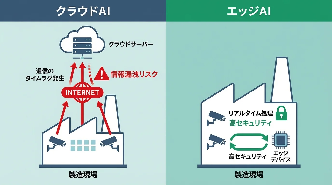 クラウドAIとエッジAIの仕組みの違いを比較し、エッジAIのリアルタイム処理と高セキュリティの利点を示した概念図。