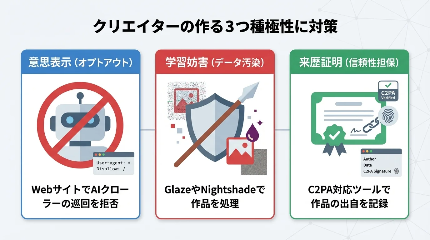 クリエイターがAIの無断学習に対して取るべき3つの具体的な対抗策（オプトアウト、学習妨害、来歴証明）をまとめた図解。