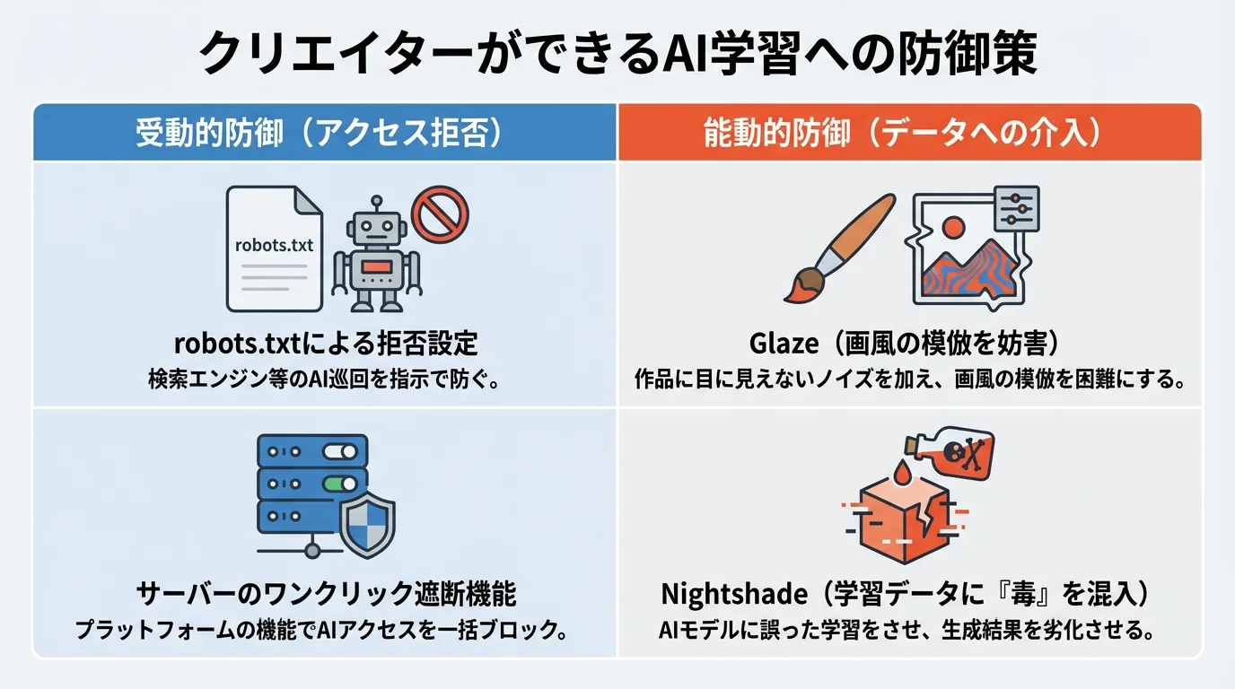 AI学習への防御策を、アクセスを拒否する『受動的防御』とデータ自体に介入する『能動的防御』に分けて比較するインフォグラフィック。