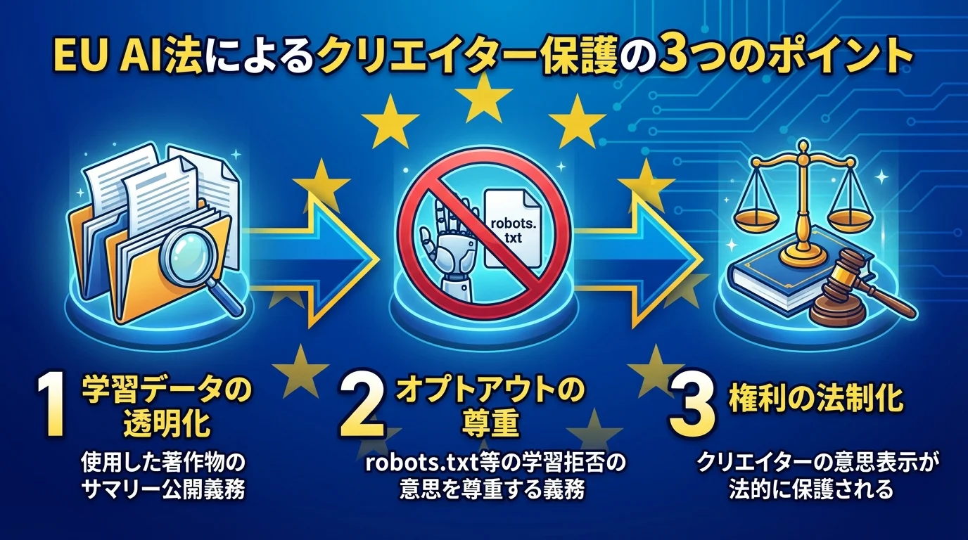 EUのAI法がクリエイターの権利保護にもたらす3つの主要なポイント（学習データの透明化、オプトアウトの尊重、権利の法制化）を解説するインフォグラフィック。