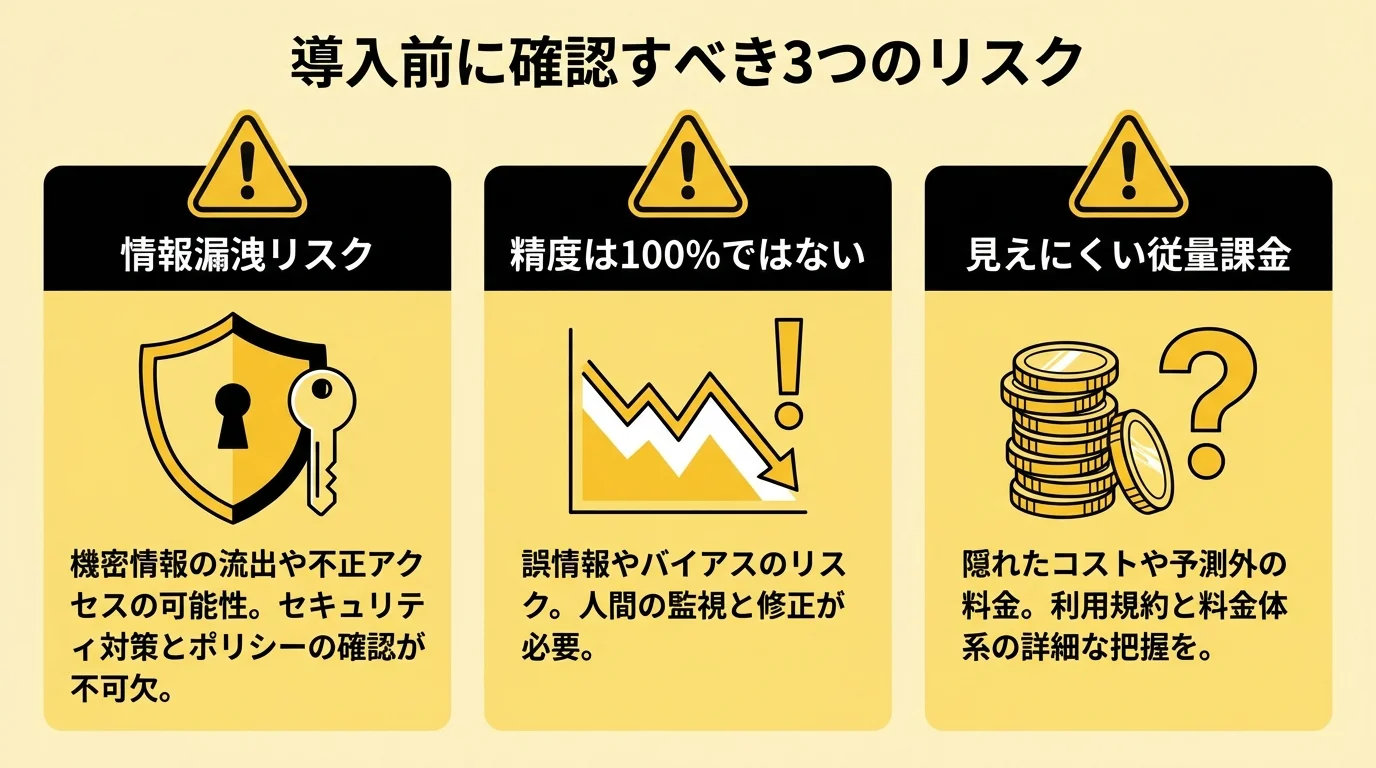AI議事録ツール導入の3つの注意点（情報漏洩リスク、精度の限界、従量課金）を警告アイコン付きで示したインフォグラフィック