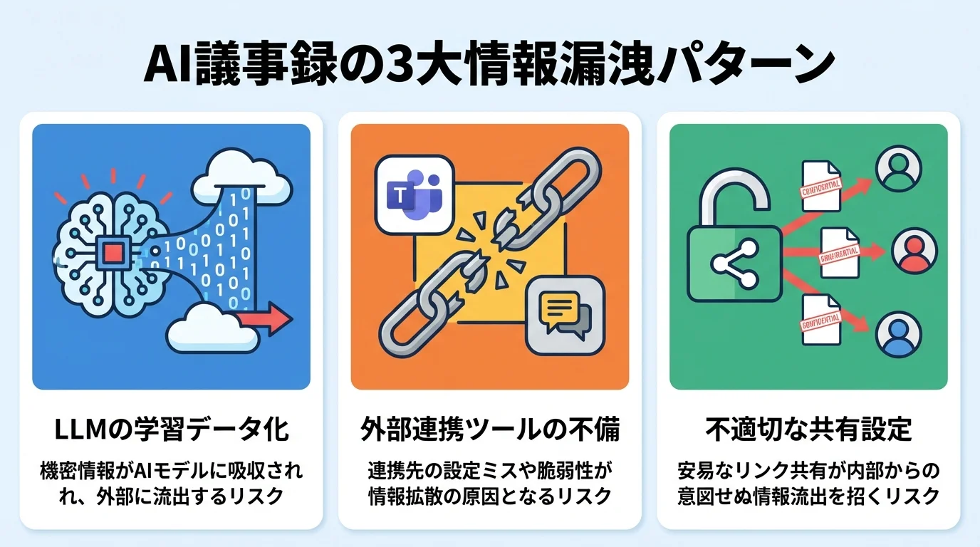 AI議事録の情報漏洩の具体的な3つのパターンを図解したインフォグラフィック。LLM学習データ化、外部連携の不備、不適切な共有設定のリスクを示している。