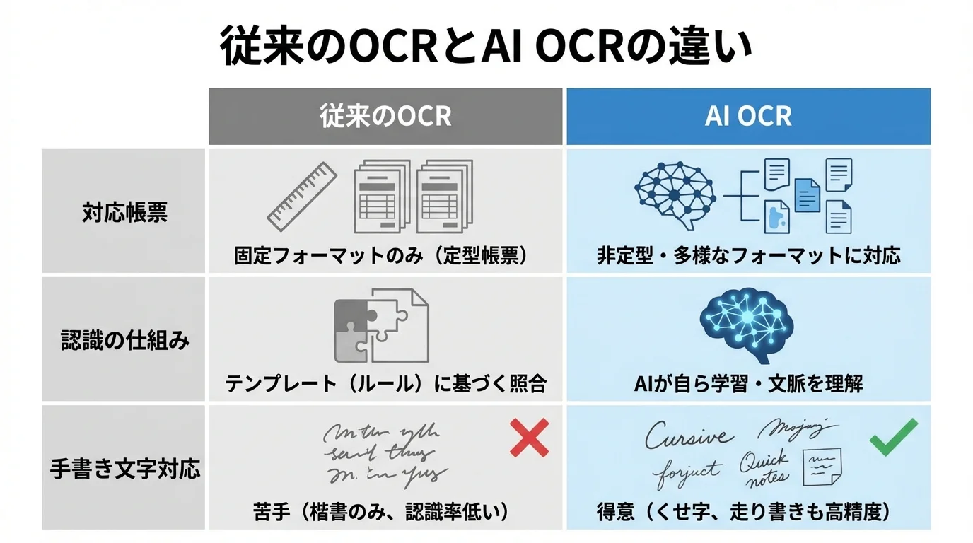 従来のOCRとAI OCRの違いを比較する表。対応帳票の柔軟性、認識の仕組み、手書き文字への対応能力の違いを図解。