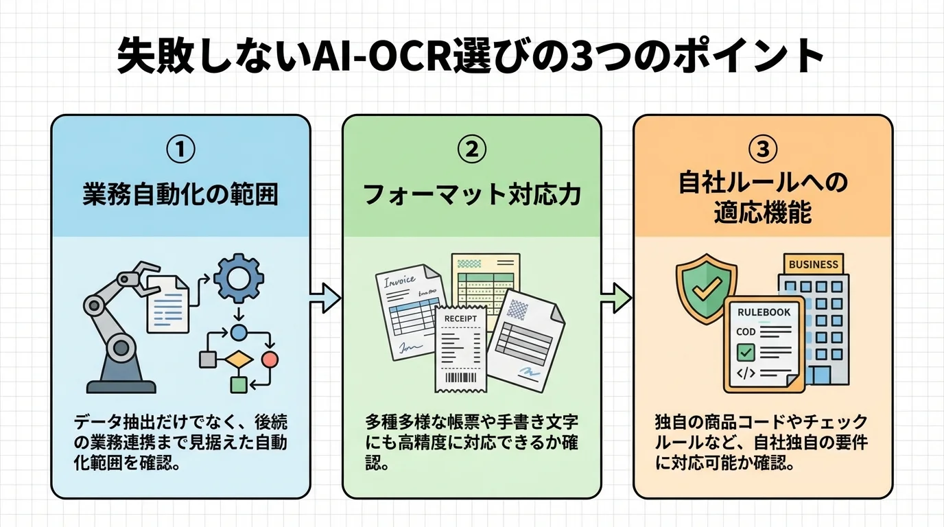 失敗しないAI-OCRの選び方3つのポイント。業務自動化の範囲、フォーマット対応力、自社ルールへの適応機能。