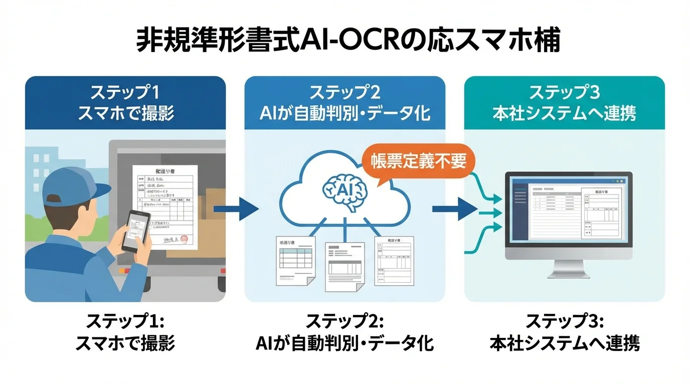 スマホAI-OCRによる非定型帳票の処理フロー。ドライバーがスマホで撮影し、AIが自動でデータ化、本社システムへリアルタイム連携される3つのステップを図解している。