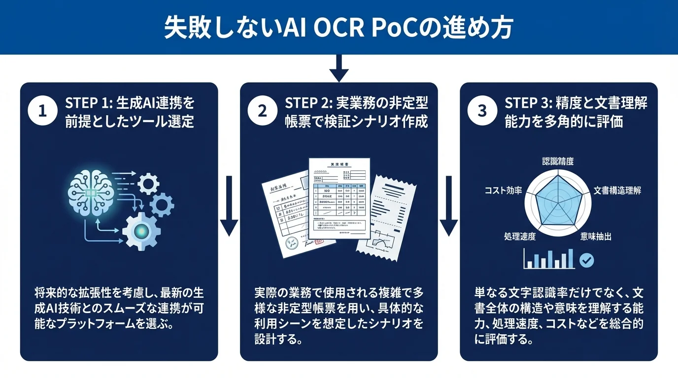 AI OCR PoCを成功させるための主要3ステップ「ツール選定」「シナリオ作成」「多角的評価」を示したステップ図。