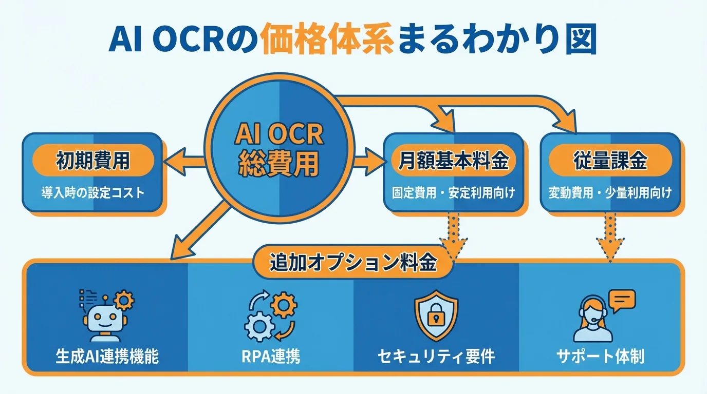 AI OCRの価格構成要素を示すインフォグラフィック。総費用が初期費用、月額料金、従量課金、そして生成AI連携などの追加オプションで構成されることを示す関係図。