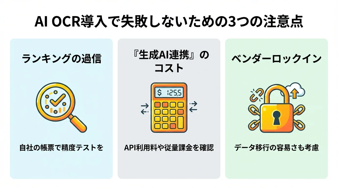 AI OCR導入で失敗しないための3つの注意点(ランキングの過信、生成AI連携のコスト、ベンダーロックイン)をまとめた図解。