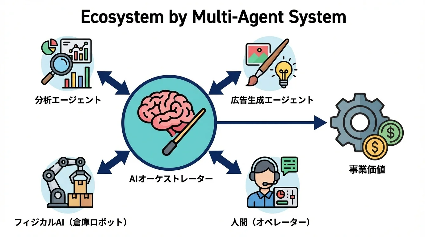 複数のAIエージェントや人間が連携して価値を生み出すマルチエージェントシステムの概念図