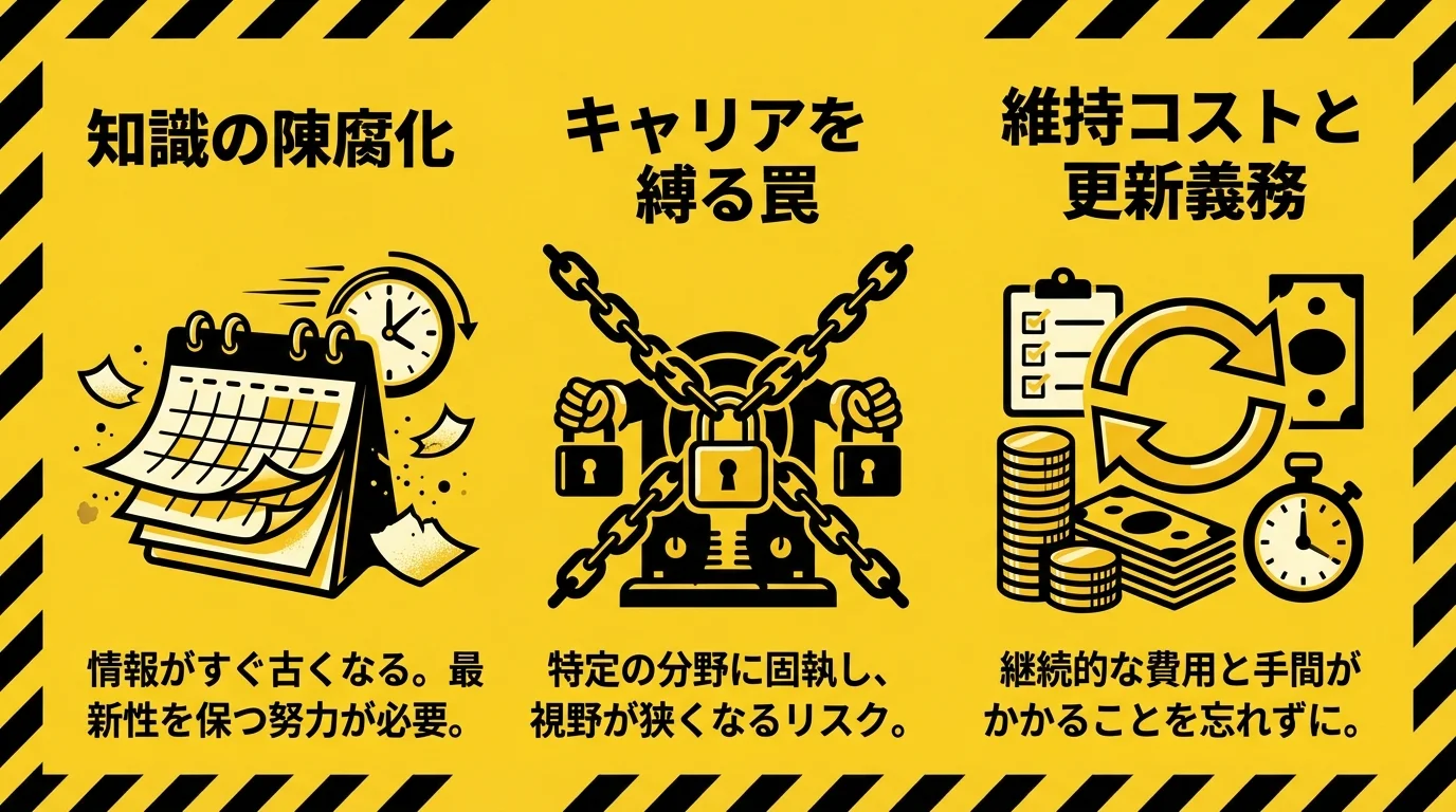 AIセキュリティ資格選びの3つの注意点を示す図解。「知識の陳腐化」「キャリアを縛る罠」「維持コストと更新義務」がアイコン付きで解説されている。