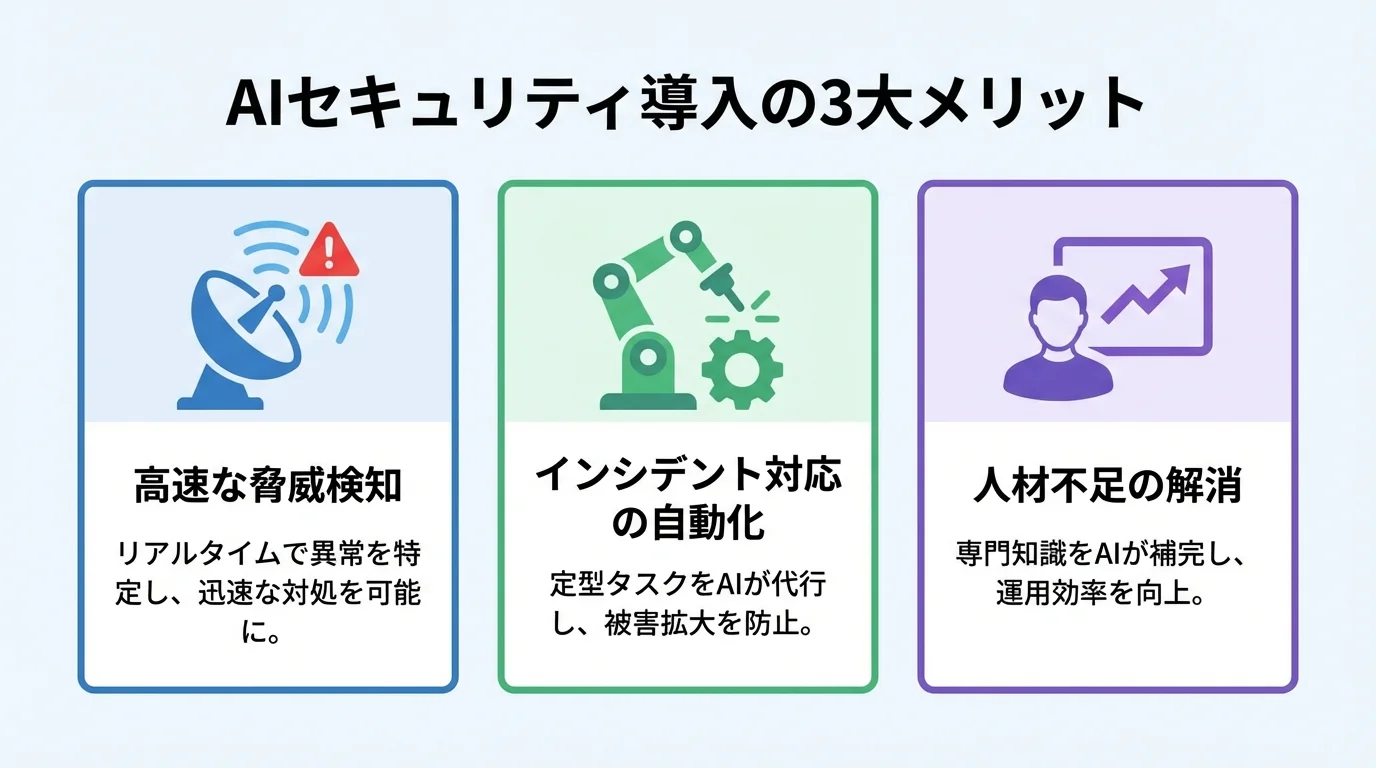 AIセキュリティ導入の3つのメリット（高速な脅威検知、対応の自動化、人材不足の解消）をアイコンで分かりやすく示すインフォグラフィック。