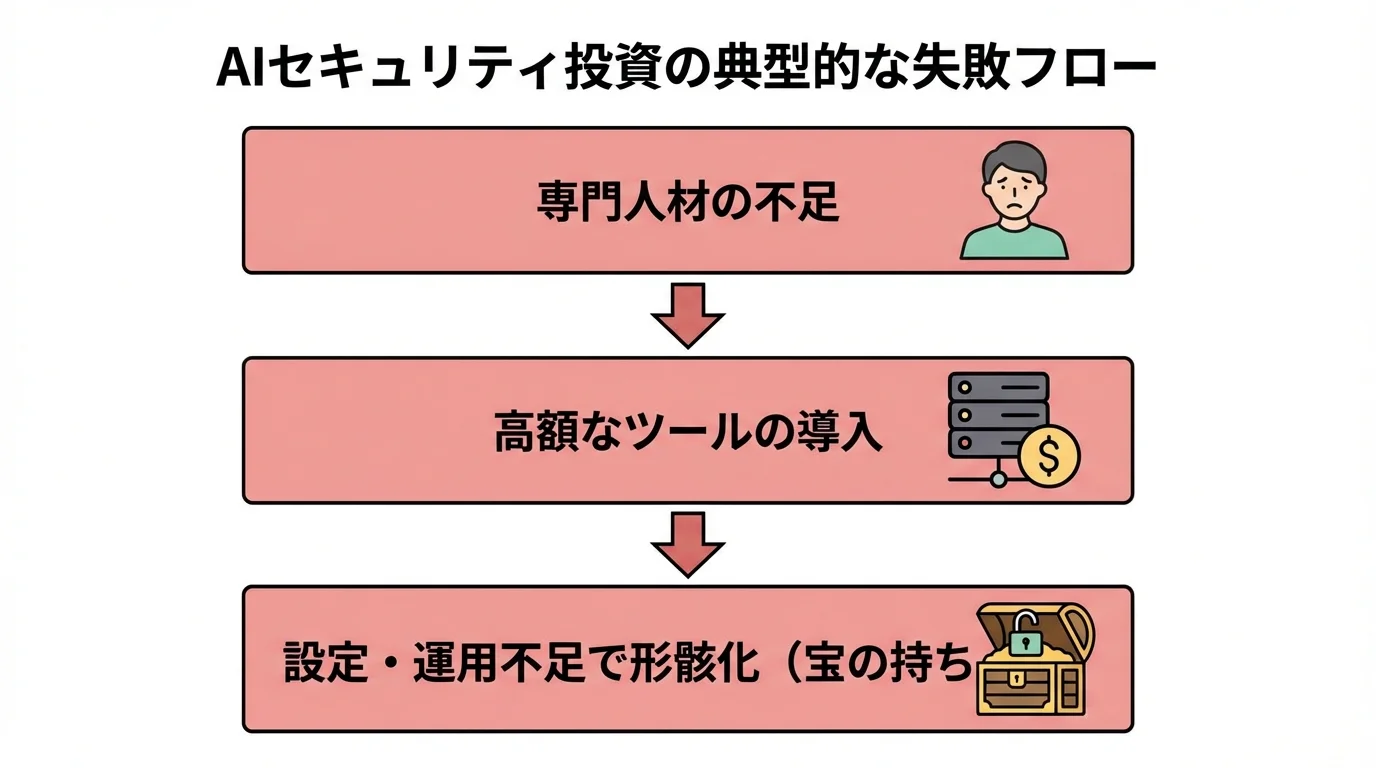 AIセキュリティ投資で専門人材不足からツールの形骸化に至る典型的な失敗フローを示したインフォグラフィック