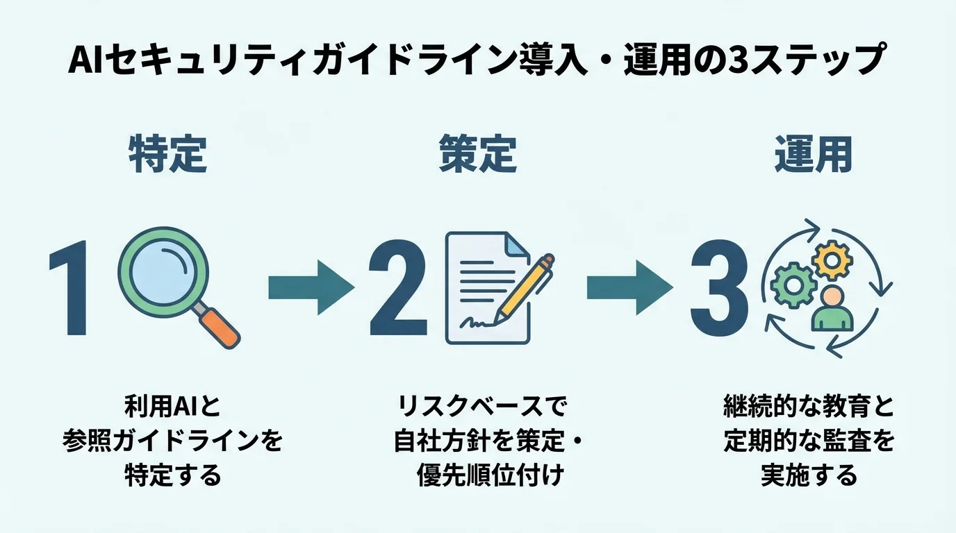 AIセキュリティガイドラインを自社に導入・運用するための3つの実践ステップを示したインフォグラフィック