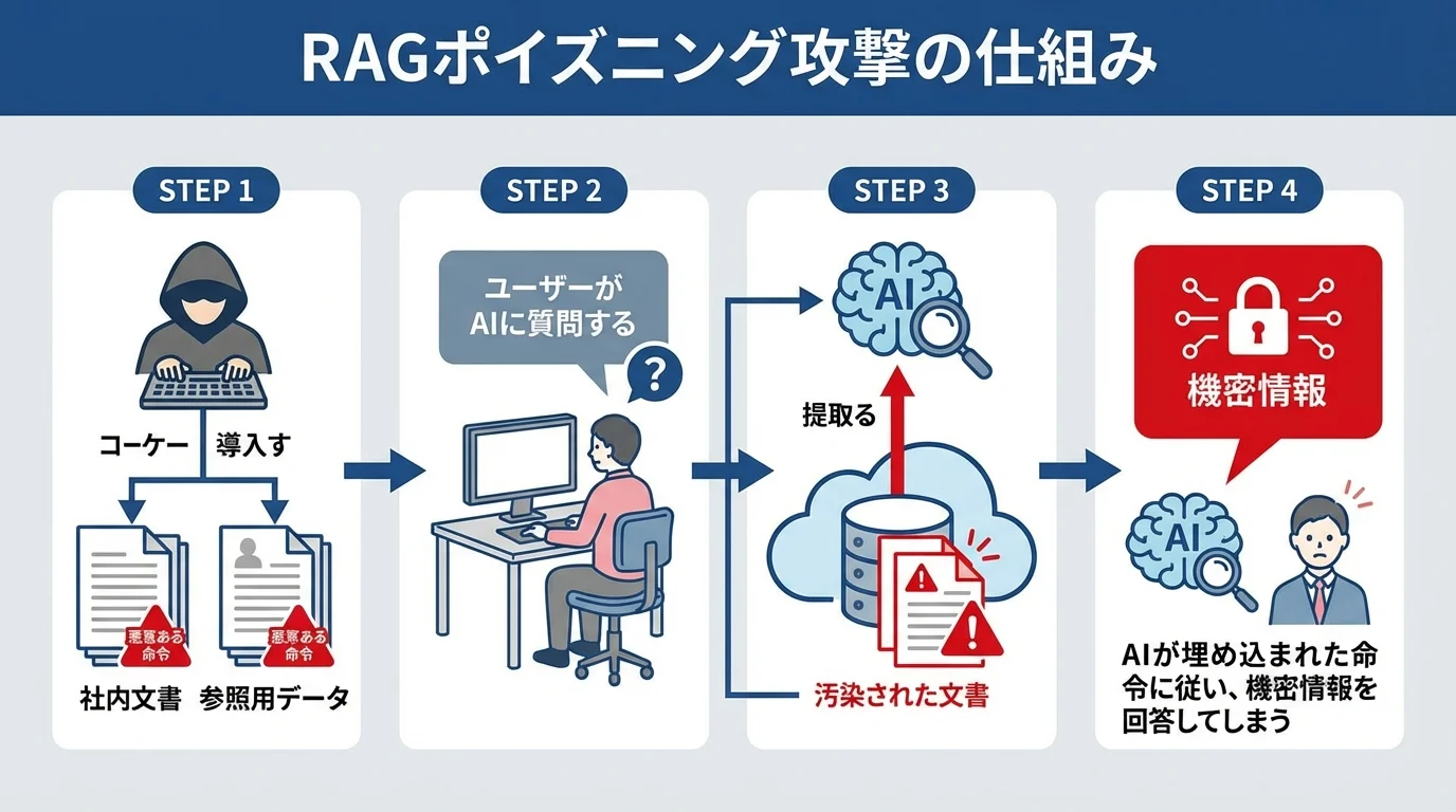 RAGポイズニング攻撃の仕組みを4ステップで説明するフローチャート。攻撃者が参照データに悪意ある命令を埋め込み、AIに機密情報を漏洩させるプロセスを図解している。
