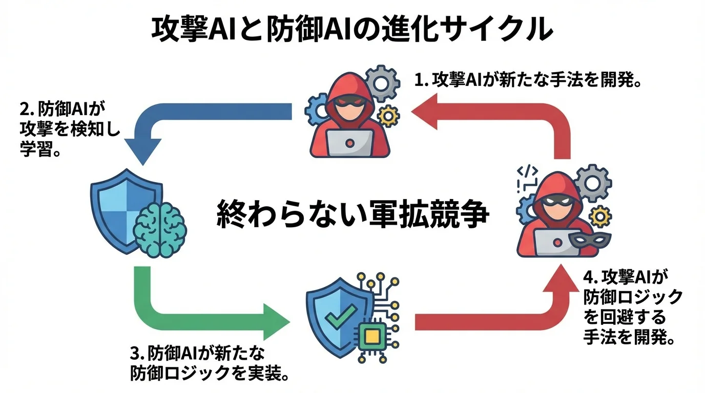 攻撃AIと防御AIの終わらないイタチごっこを示すループ図。攻撃と防御が互いに学習し合い、絶えず進化し続けるサイクルを表している。