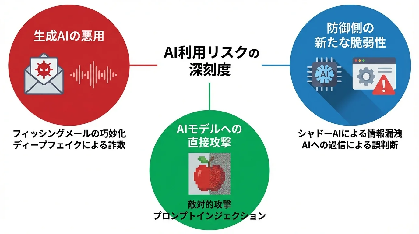 IPAが警鐘を鳴らすAI利用リスクの3つのカテゴリ(生成AIの悪用、防御側の新たな脆弱性、AIモデルへの直接攻撃)をアイコンとテキストで解説した図。