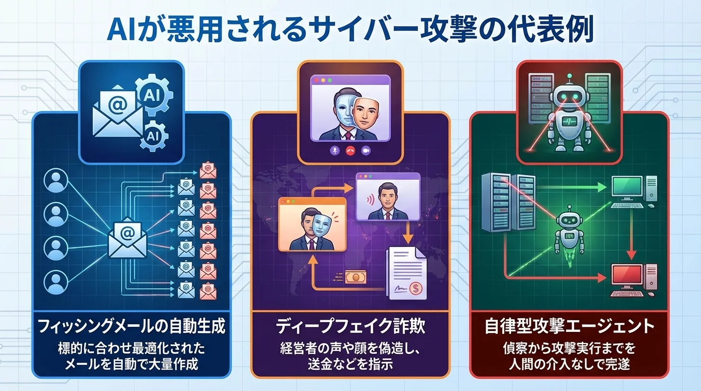 AIが悪用されるサイバー攻撃の3つの代表例(フィッシングメール自動生成、ディープフェイク詐欺、自律型攻撃エージェント)を解説するインフォグラフィック。
