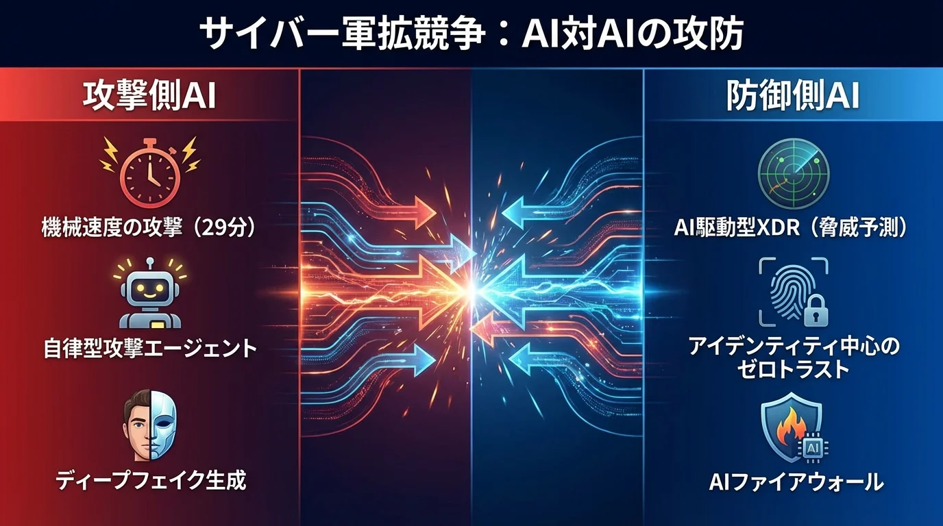 AIによるサイバー攻撃とAIによる防御が競い合う「AI対AI」の軍拡競争の構図を、攻撃側と防御側の技術を対比させて示すインフォグラフィック。