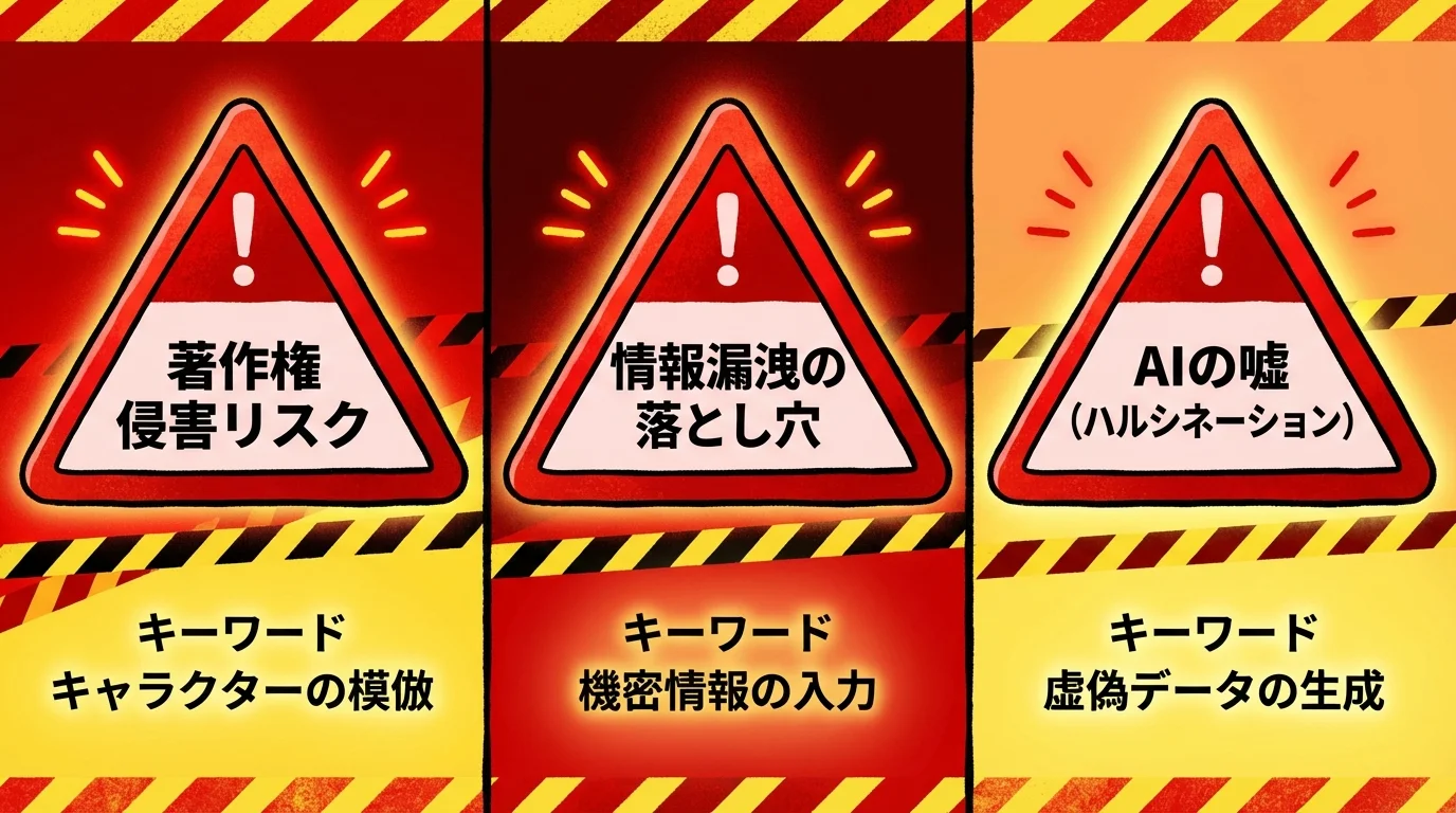 生成AIの法的リスクを図解したインフォグラフィック。著作権侵害、情報漏洩、ハルシネーションの3つの危険性を示している。