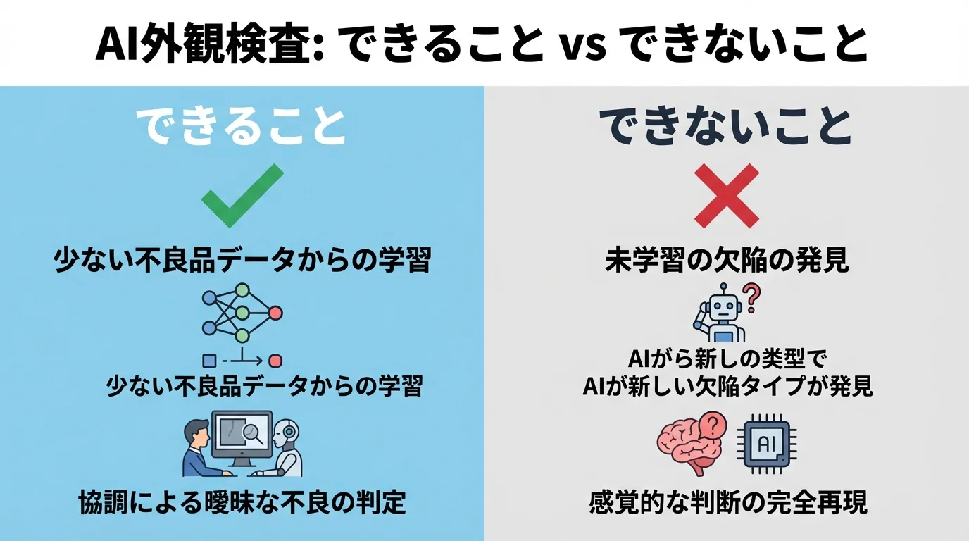 AI外観検査にできること（少量データ学習、精度向上）とできないこと（未学習の欠陥発見、感覚的判断）を比較した図解。