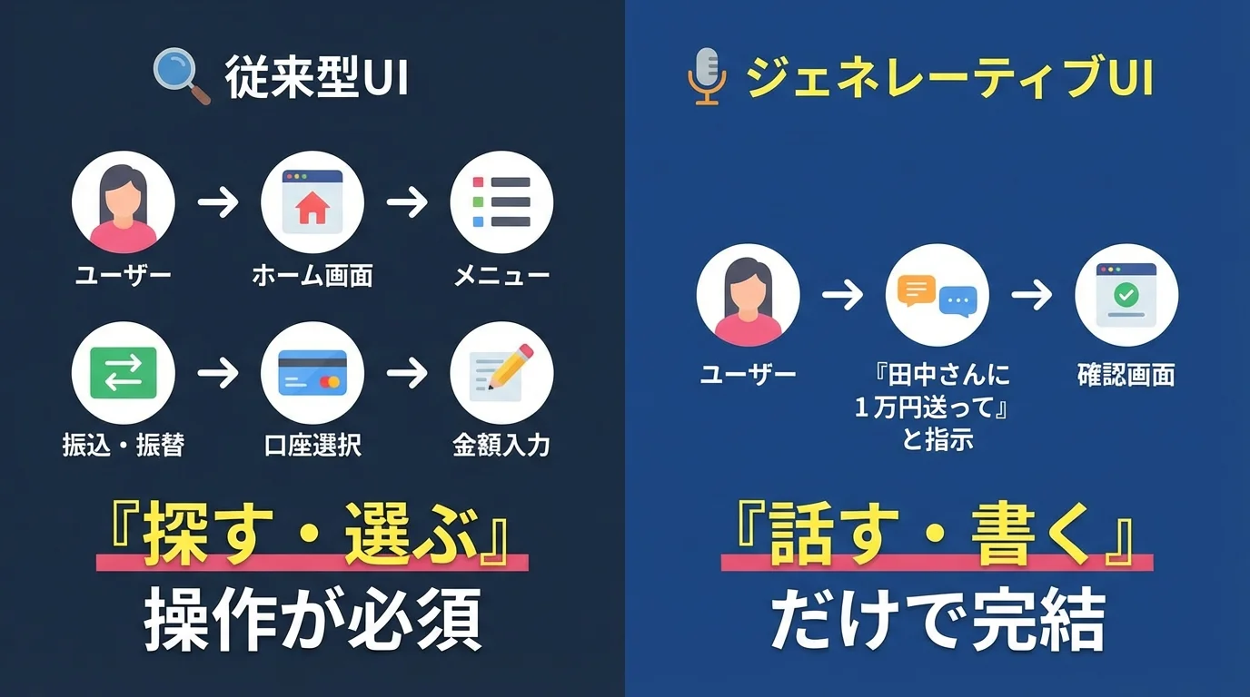 従来の銀行アプリとジェネレーティブUIの操作方法の違いを示す比較図。メニューを探す従来の方法と、会話だけで取引画面が生成される新しい方法を対比。