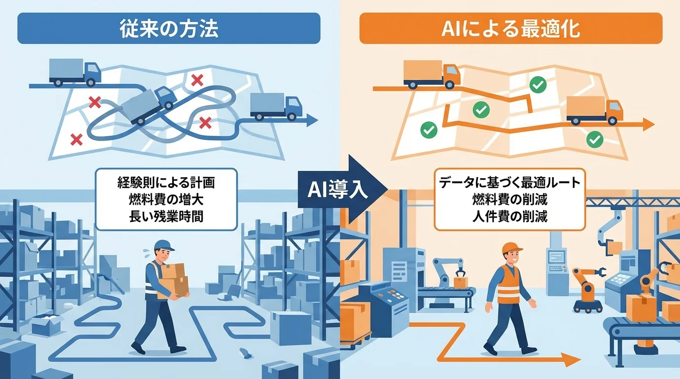 物流AIによるコスト削減効果の比較図。AI導入前は非効率なルートでコスト増だが、導入後はルートが最適化され燃料費や人件費が削減される仕組みを図解している。