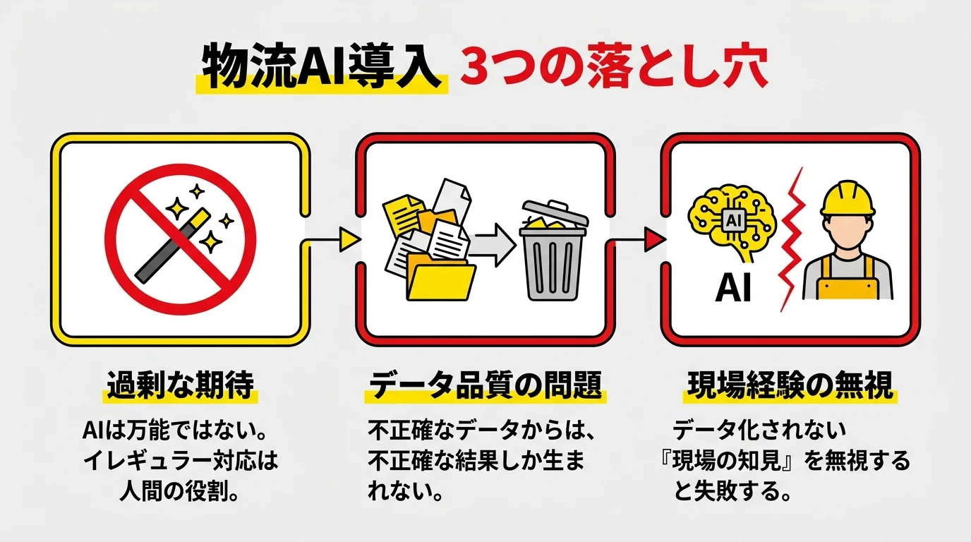 物流AIツール導入で失敗しないための3つの注意点。「過剰な期待」「データ品質の問題」「現場経験の無視」という3つの落とし穴をアイコン付きで解説したインフォグラフィック。