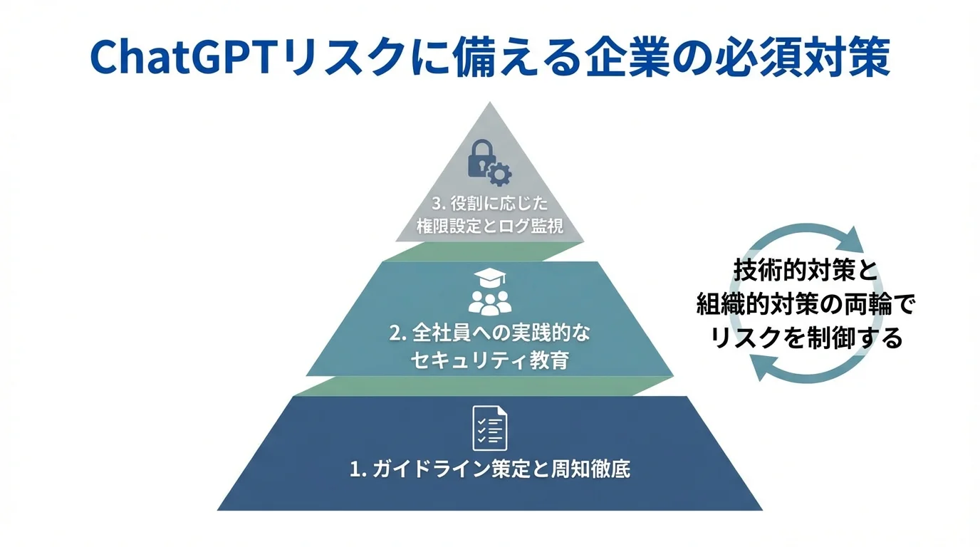 ChatGPTのリスクに企業が備えるための必須対策を示す3段のピラミッド図。土台から順に、ガイドライン策定、社員教育、権限設定とログ監視となっている。
