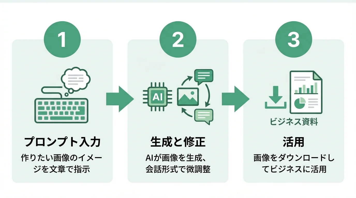 ChatGPT画像生成の3ステップ。プロンプト入力、AIによる生成と修正、ダウンロードと活用の流れを示したステップ図。