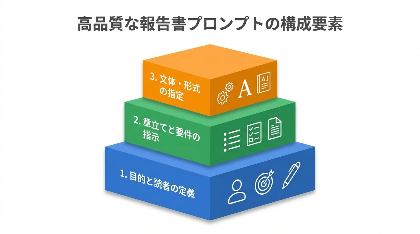 質の高い報告書を生成するためのプロンプトの構成要素を示した図。目的と読者、章立てと要件、文体と形式の3階層で構成。