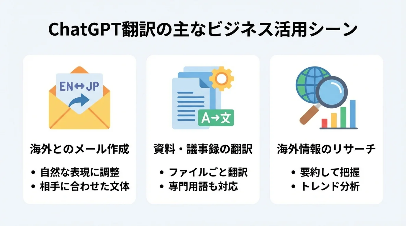 ChatGPT翻訳のビジネス活用シーンとして「メール作成」「資料翻訳」「情報リサーチ」の3つをアイコンで示した図。