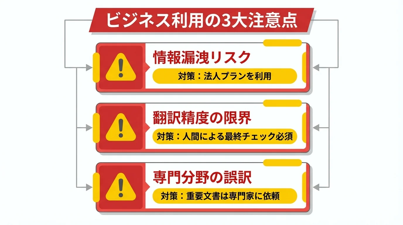 ChatGPT翻訳をビジネスで利用する際の3つの注意点（情報漏洩、精度の限界、専門分野の誤訳）と対策をまとめたチェックリスト。