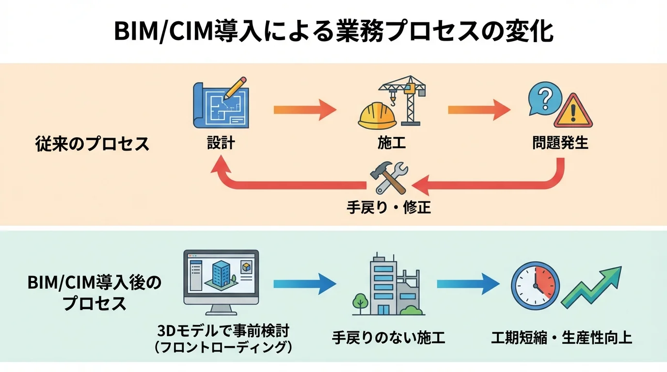 BIM/CIM導入前後の業務プロセスを比較するフローチャート。手戻りが多発する従来プロセスと、フロントローディングで効率化された新プロセスの違いを図解。
