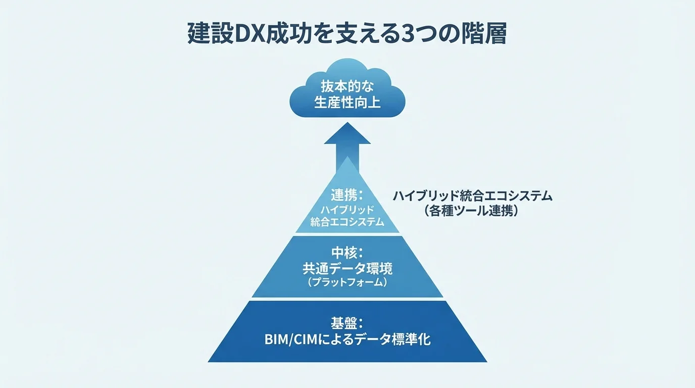 建設DX成功の鍵を示すピラミッド図。データ標準化を土台に、プラットフォーム、エコシステム構築へと進む階層構造を解説。