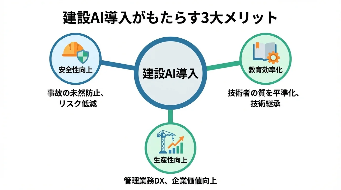 建設AI導入がもたらす3つのメリット(安全性向上、教育効率化、生産性向上)を示すインフォグラフィック