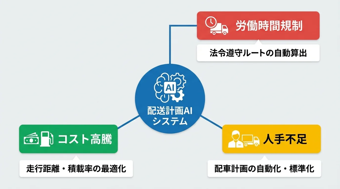 配送計画AIシステムが解決する物流業界の3つの課題（労働時間規制、人手不足、コスト高騰）を示した図解