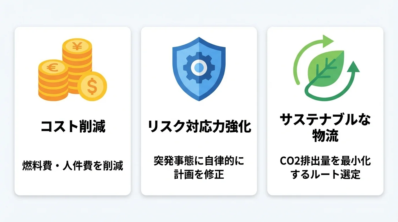 配送計画AIシステムがもたらす3つのメリット（コスト削減、リスク対応、サステナビリティ）の図解