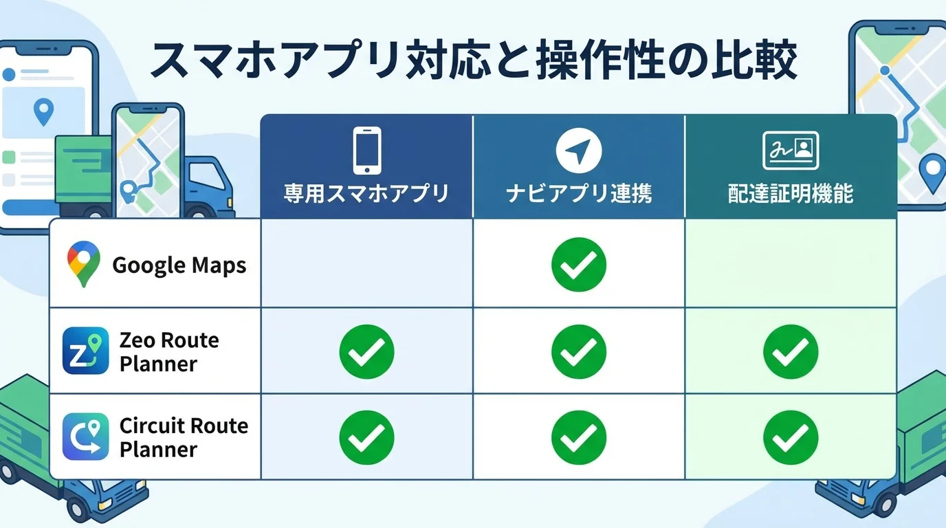 主要なAI配送ルート最適化ツールのスマートフォンアプリ対応状況や、ナビ連携、配達証明機能の有無を比較した表のインフォグラフィック。