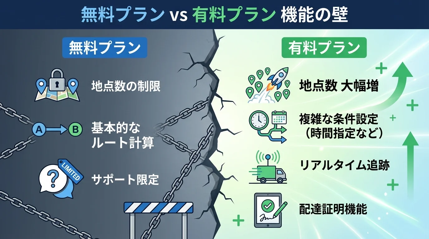 配送ルート最適化ツールの無料プランと有料プランの機能の違いを比較したインフォグラフィック。地点数制限や高度な機能の有無を対比している。