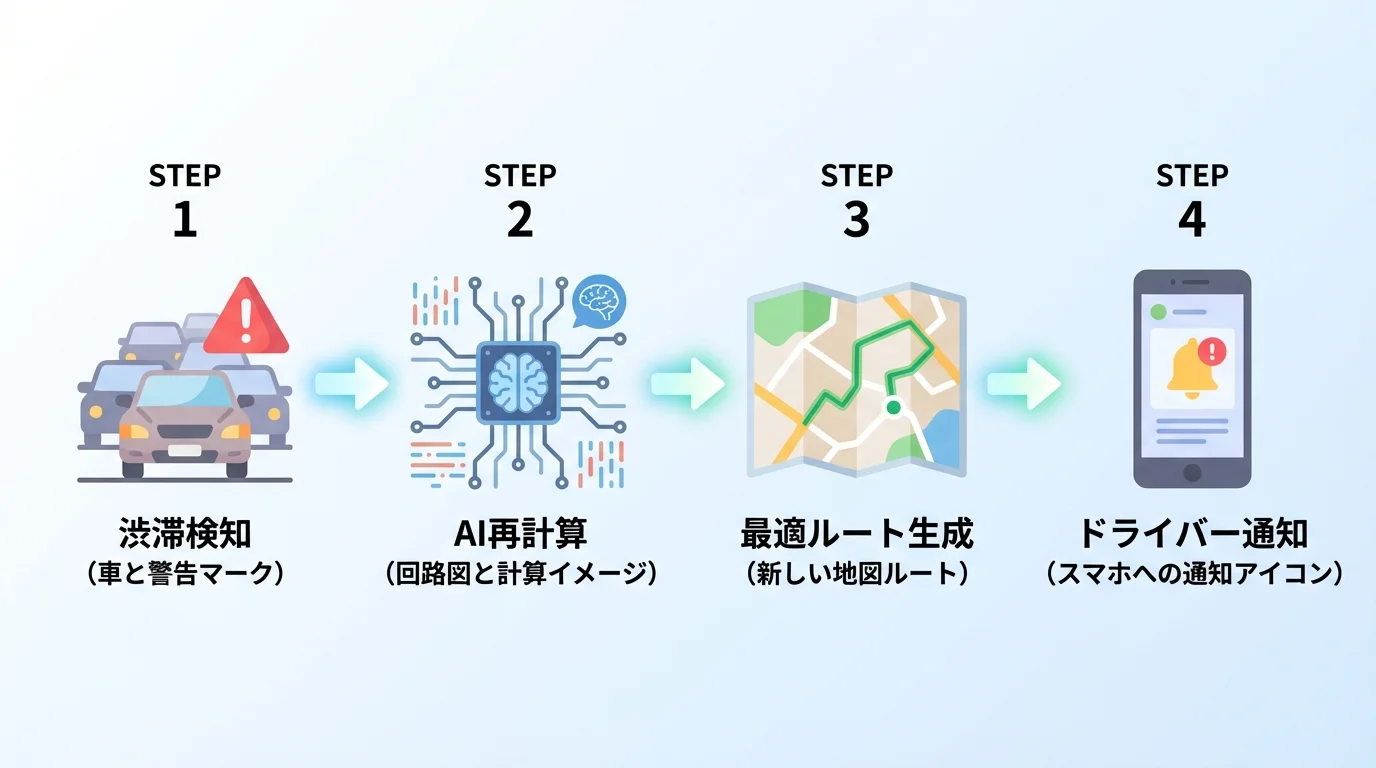 渋滞発生時にAIがリアルタイムでルートを再計算するフローチャート