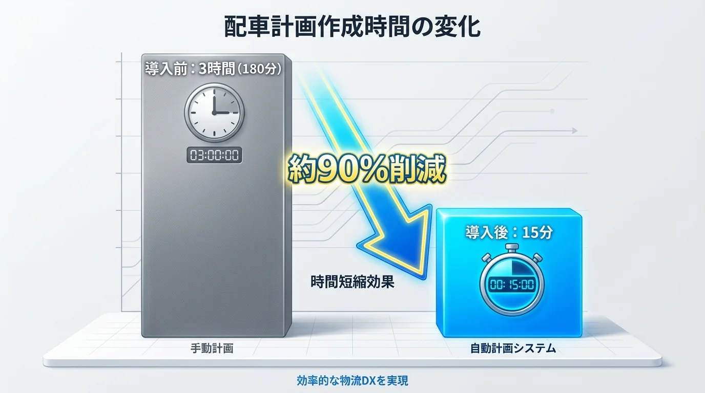 AI自動配車ツールの導入による配車計画作成時間の劇的な短縮効果を示すグラフ